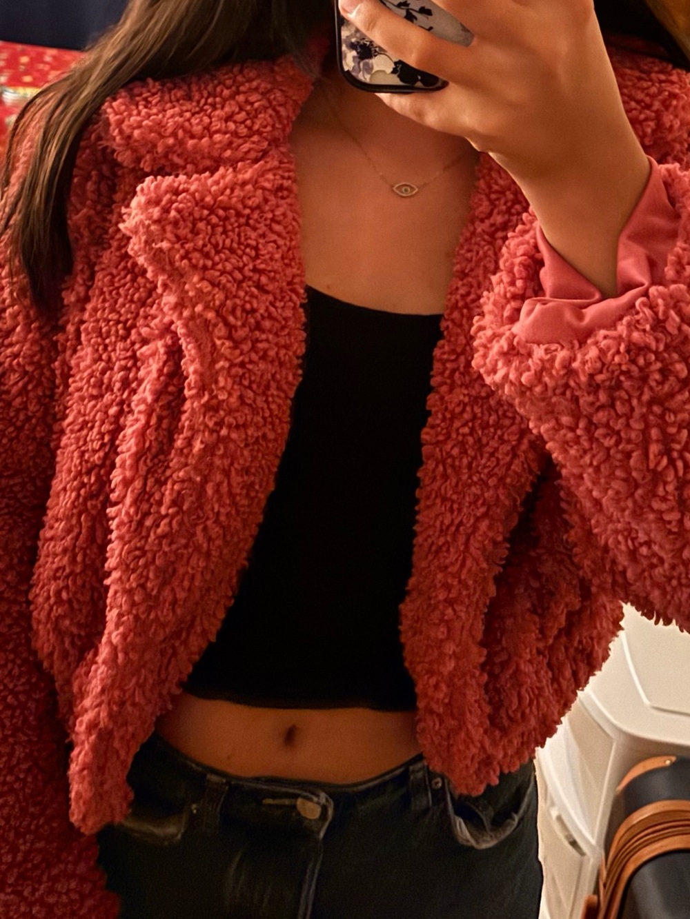 HYFVE Cropped Teddy Jacket in Rose Coral